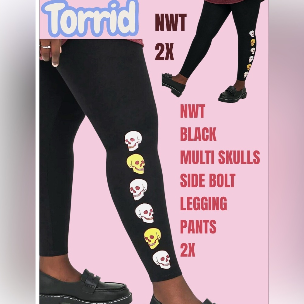 LOWEST🌺 NWT TORRID 2X or 3X BLACK w/ COLOR SKULLS SIDE BOLT LEGGING PANTS